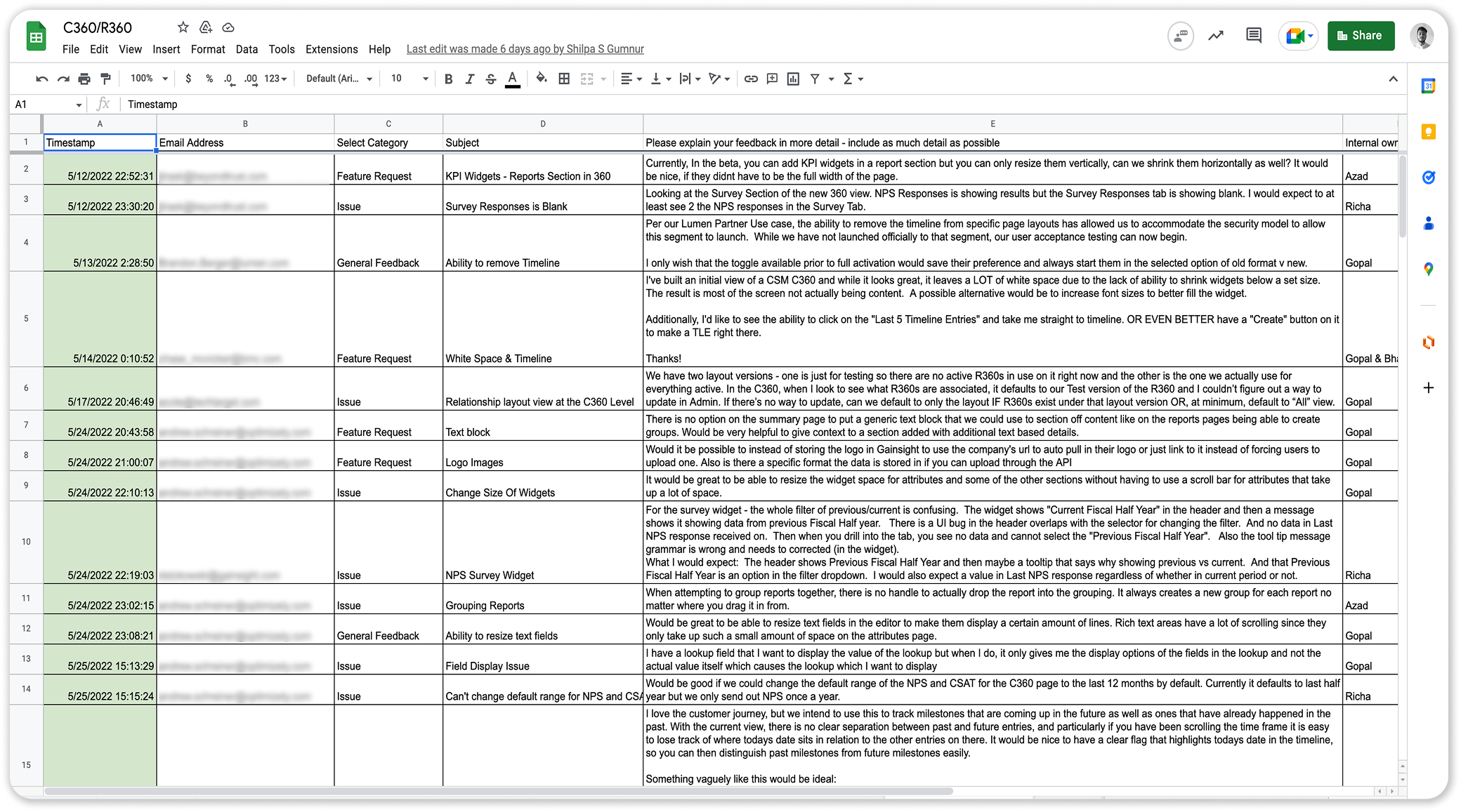 Beta feedback spreadsheet