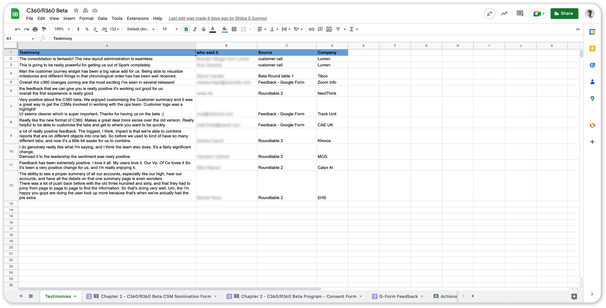 C360/R360 user feedback spreadsheet