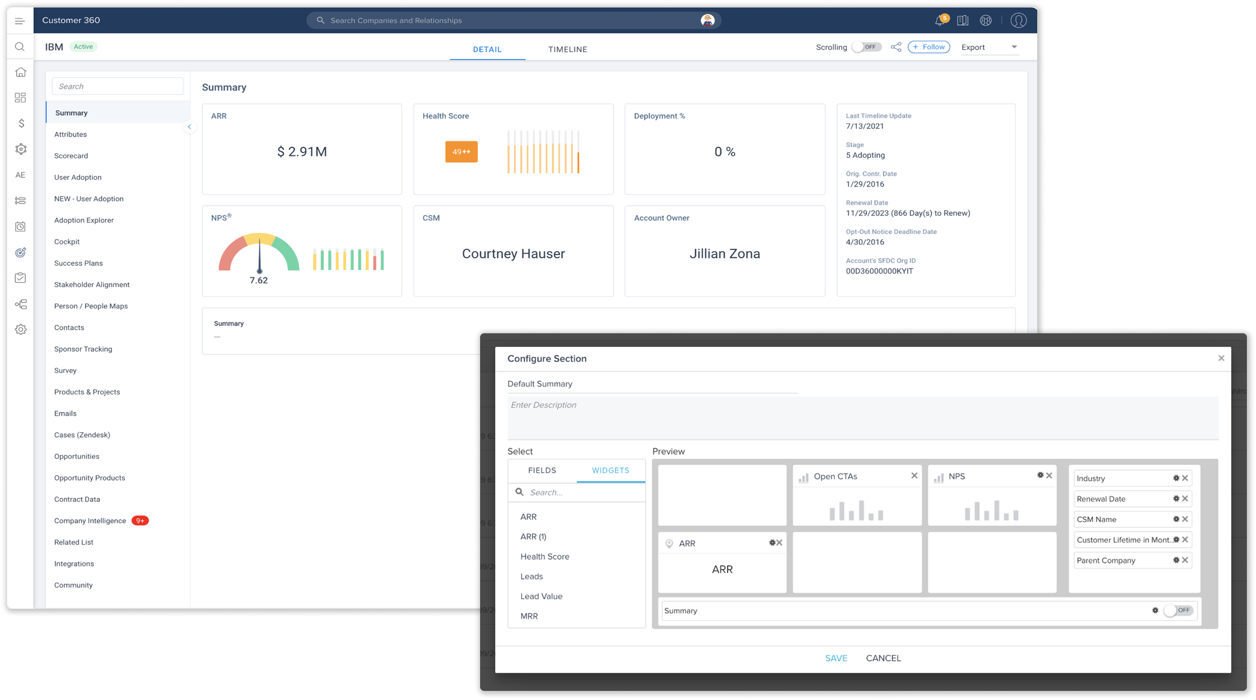 Old C360 dashboard with admin configuration modal