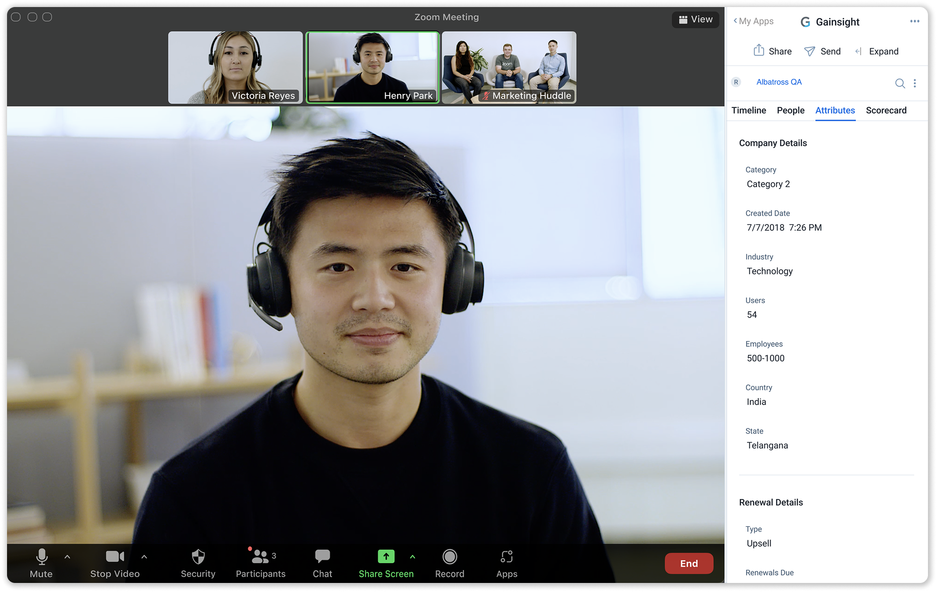 Zoom meeting with Gainsight C360 sidebar
