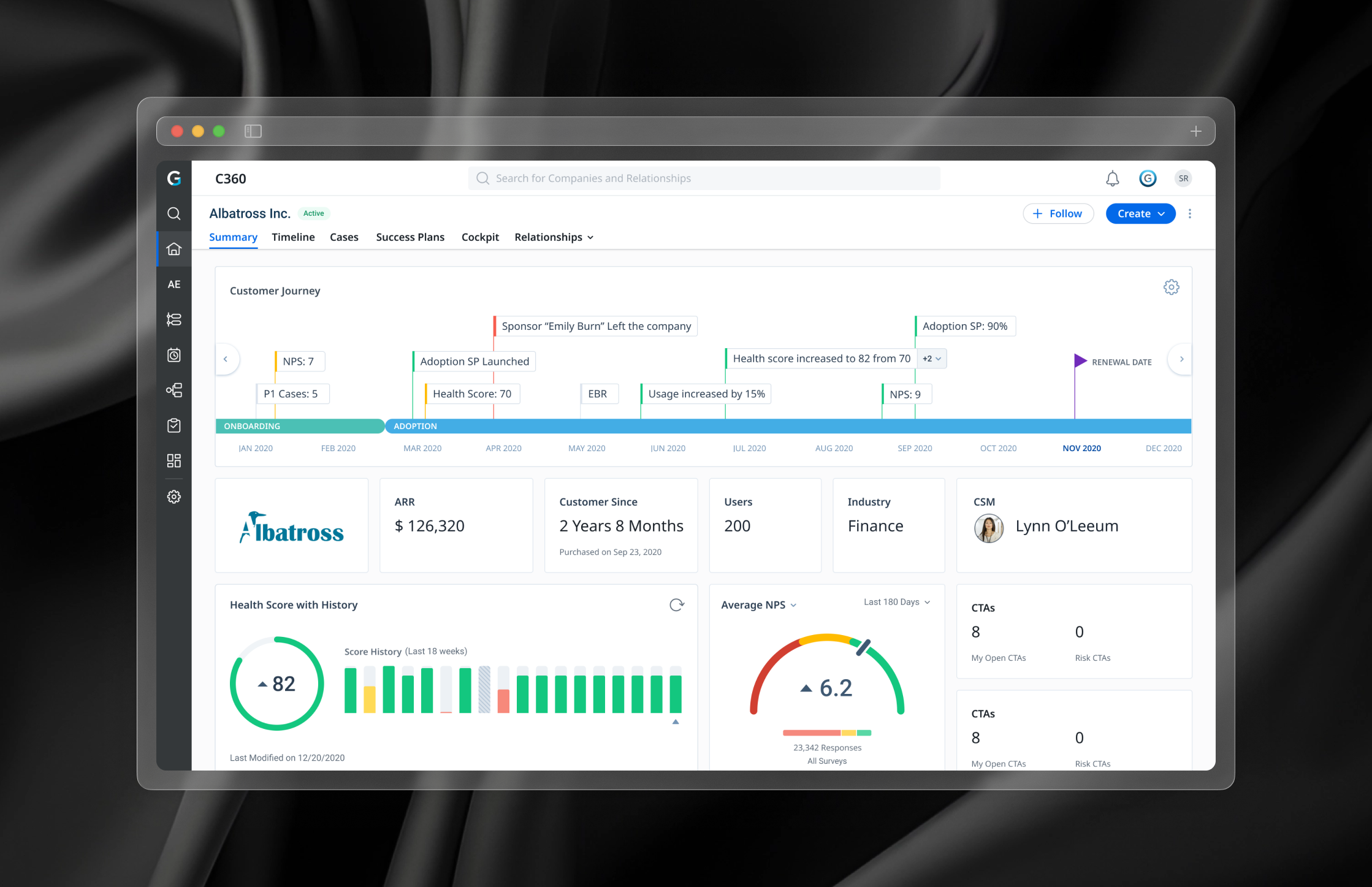 Gainsight C360 dashboard on a laptop