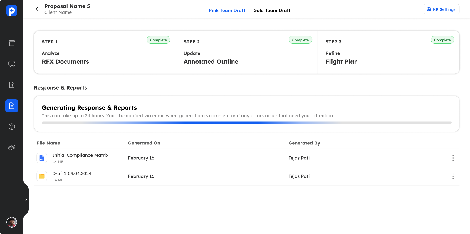 The MVP, the first pWin.ai web app: a three-step proposal workflow with Response & Reports generation.