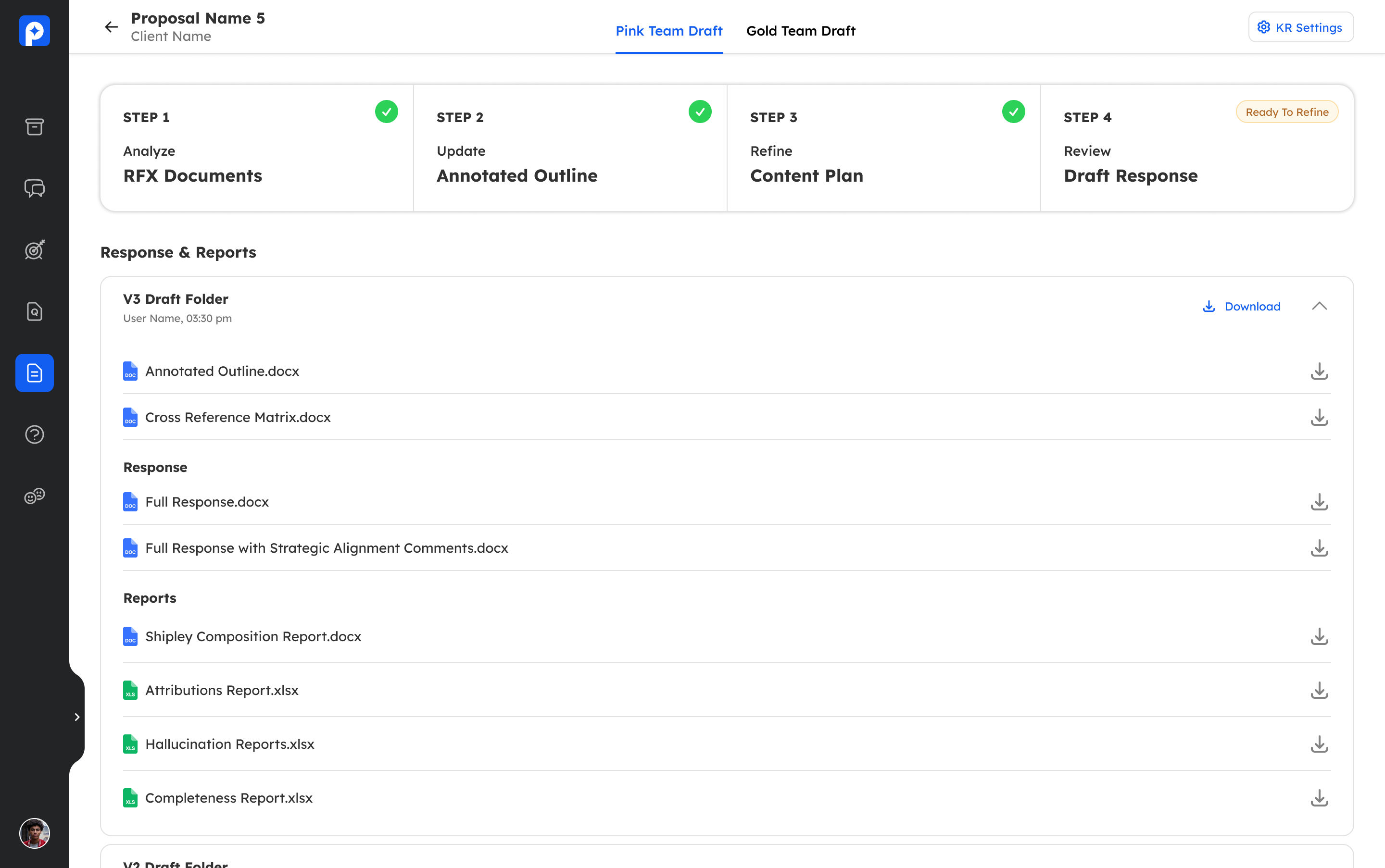 Before: the original proposal landing page, a stepper over a response package vault